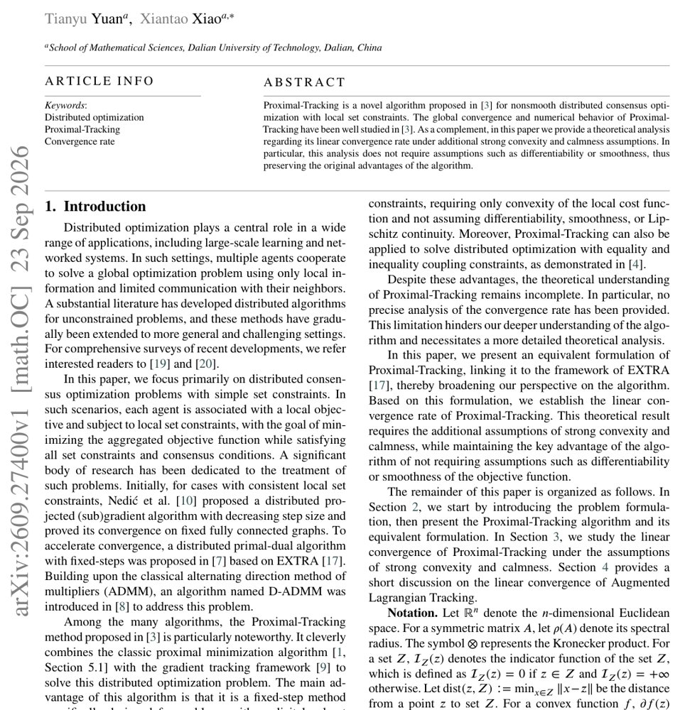 Linear convergence rate analysis of Proximal-Tracking for nonsmooth distributed optimization Figure 1