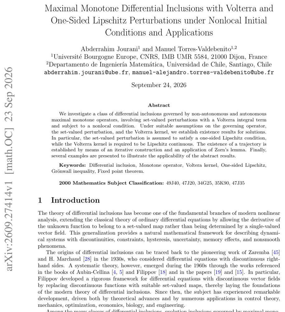 Maximal Monotone Differential Inclusions with Volterra and One-Sided Lipschitz Perturbations under Nonlocal Initial Conditions and Applications Figure 1