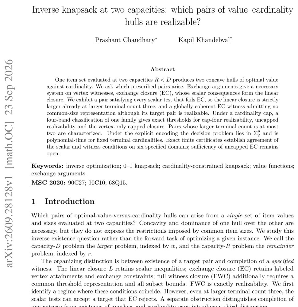 Inverse knapsack at two capacities: which pairs of value-cardinality hulls are realizable? Figure 1
