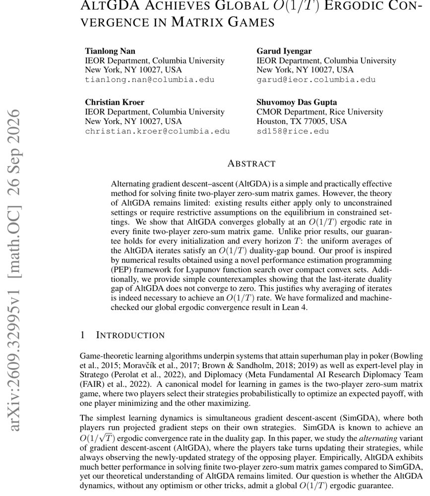 AltGDA Achieves Global $O(1/T)$ Ergodic Convergence in Matrix Games Figure 1