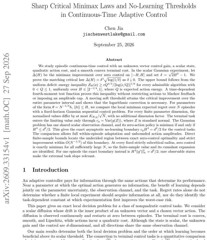 Sharp Critical Minimax Laws and No-Learning Thresholds in Continuous-Time Adaptive Control Figure 1