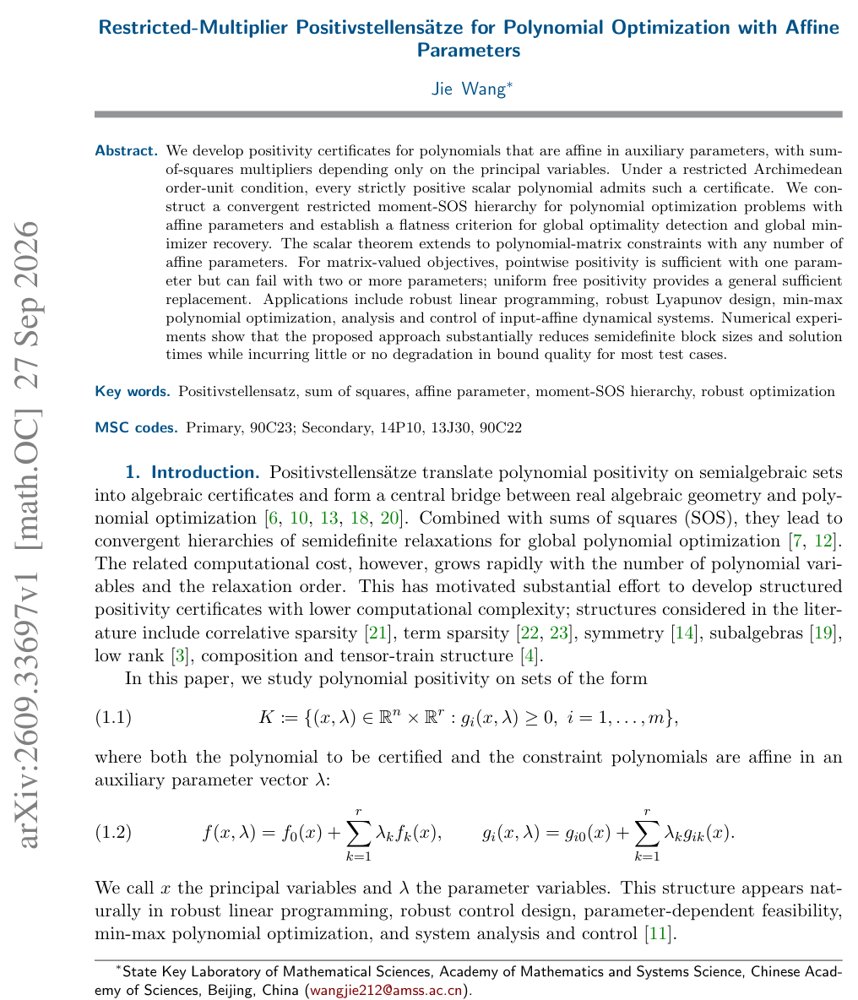 Restricted-Multiplier Positivstellensätze for Polynomial Optimization with Affine Parameters Figure 1