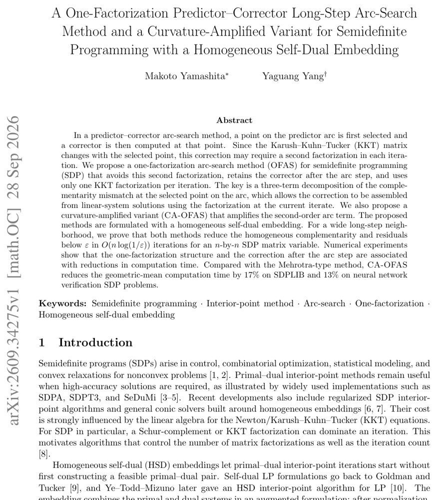 A One-Factorization Predictor-Corrector Long-Step Arc-Search Method and a Curvature-Amplified Variant for Semidefinite Programming with a Homogeneous Self-Dual Embedding Figure 1