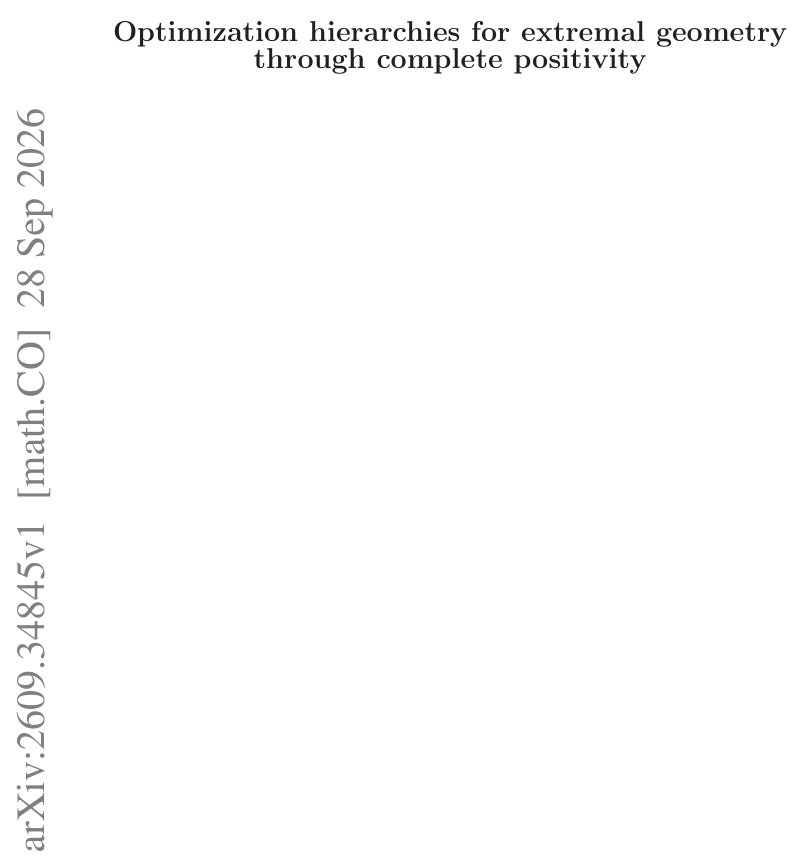 Optimization hierarchies for extremal geometry through complete positivity Figure 1