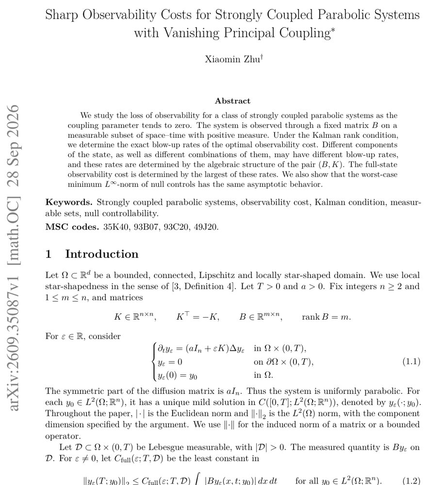 Sharp Observability Costs for Strongly Coupled Parabolic Systems with Vanishing Principal Coupling Figure 1