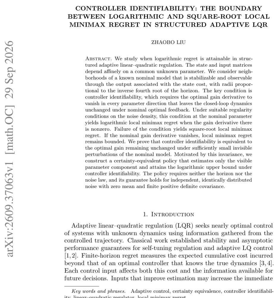 Controller Identifiability: The Boundary Between Logarithmic and Square-Root Local Minimax Regret in Structured Adaptive LQR Figure 1