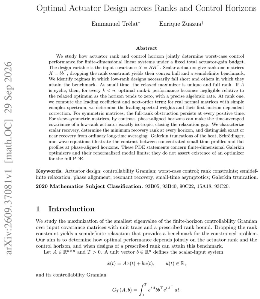 Optimal Actuator Design across Ranks and Control Horizons Figure 1