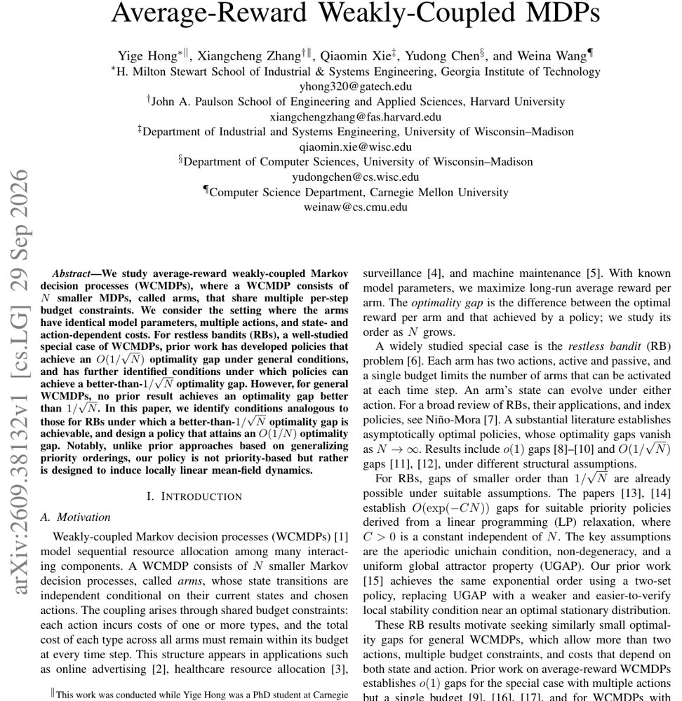 Achieving an $O(1/N)$ Optimality Gap in Average-Reward Weakly-Coupled MDPs Figure 1