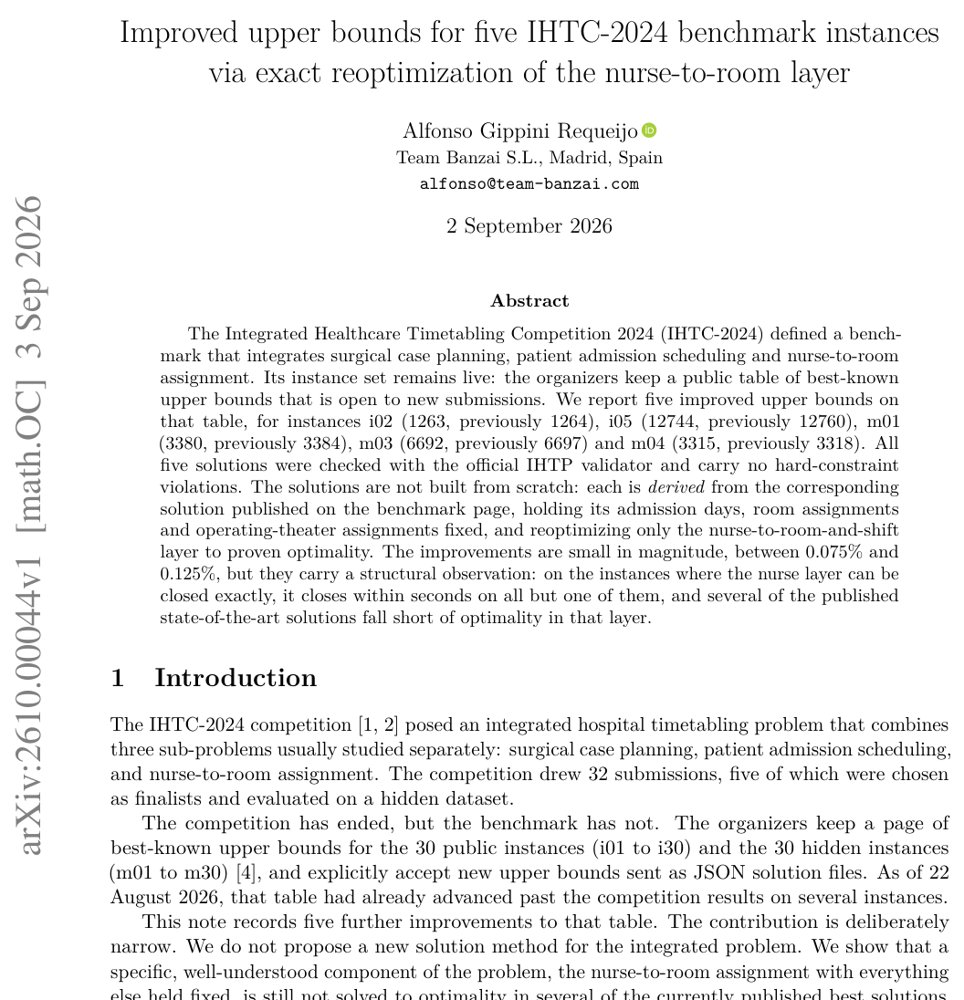 Improved upper bounds for five IHTC-2024 benchmark instances via exact reoptimization of the nurse-to-room layer Figure 1