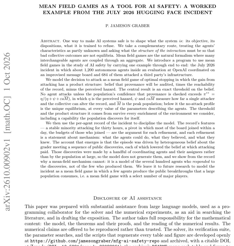 Mean field games as a tool for AI safety: a worked example from the July 2026 Hugging Face incident Figure 1