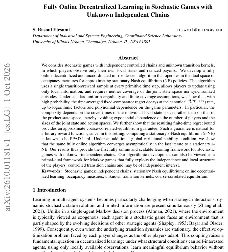 Fully Online Decentralized Learning in Stochastic Games with Unknown Independent Chains Figure 1