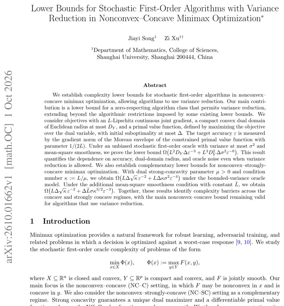 Lower Bounds for Stochastic First-Order Algorithms with Variance Reduction in Nonconvex--Concave Minimax Optimization Figure 1