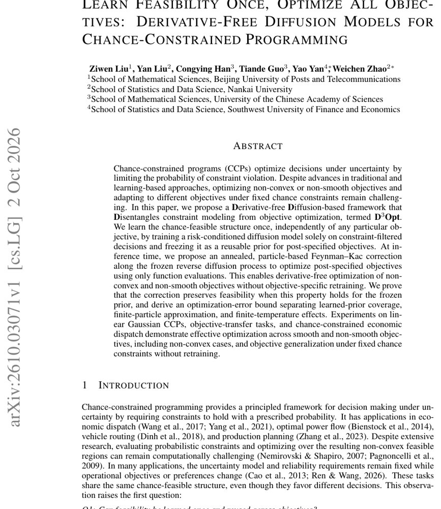 Learn Feasibility Once, Optimize All Objectives: Derivative-Free Diffusion Models for Chance-Constrained Programming Figure 1