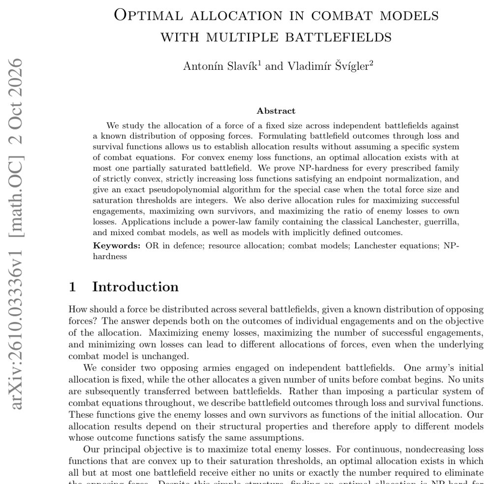 Optimal allocation in combat models with multiple battlefields Figure 1
