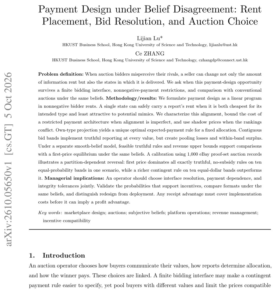 Payment Design under Belief Disagreement: Rent Placement, Bid Resolution, and Auction Choice Figure 1