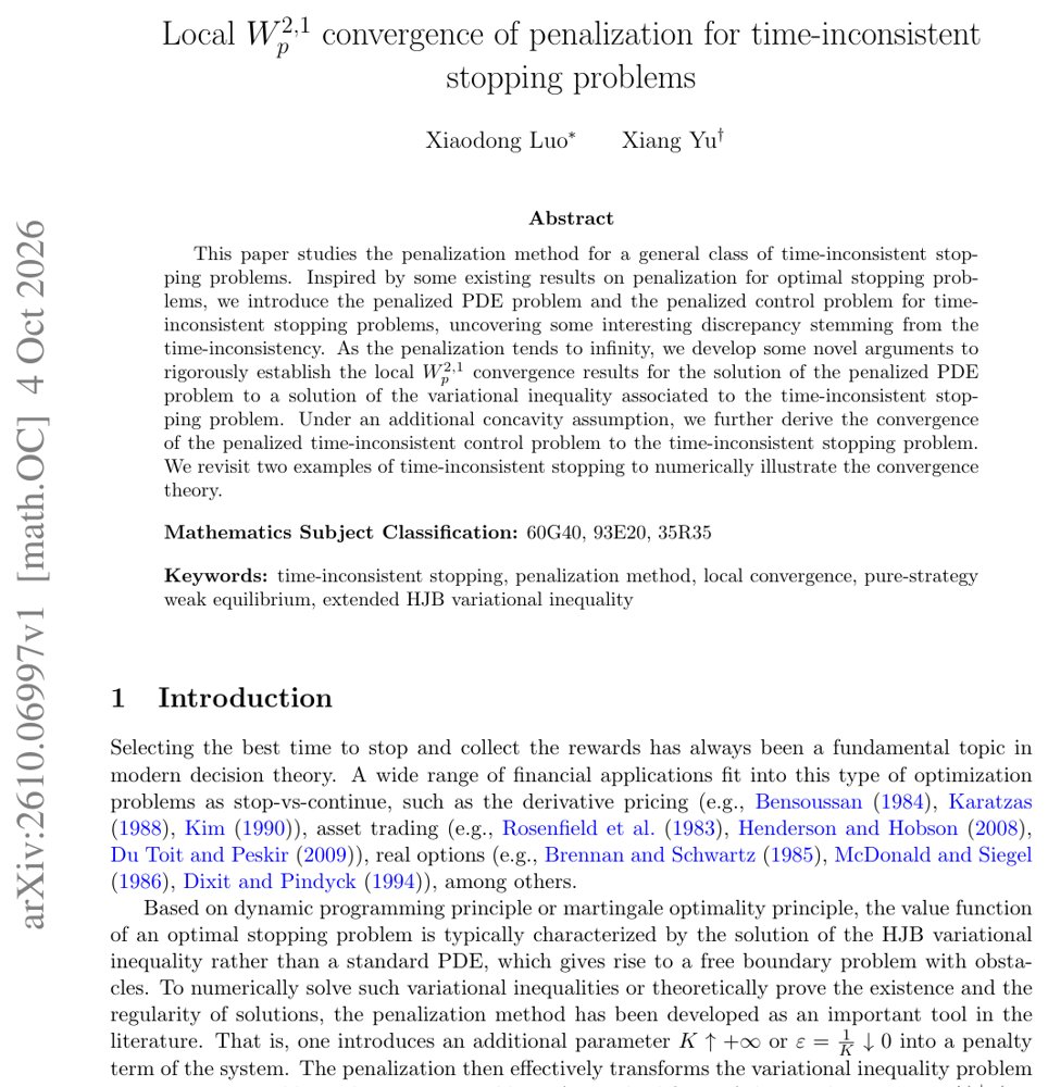Local $W^{2,1}_{p}$ convergence of penalization for time-inconsistent stopping problems Figure 1