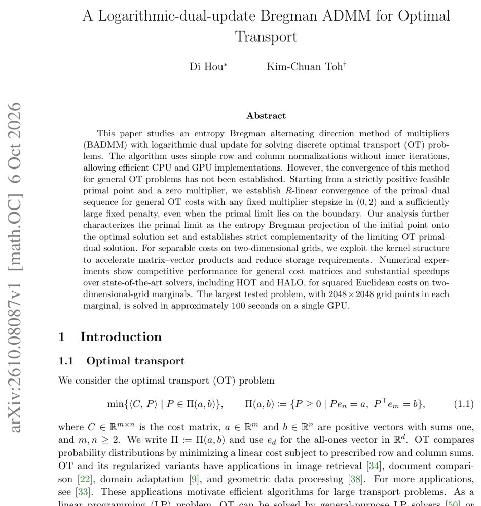 A Logarithmic-dual-update Bregman ADMM for Optimal Transport Figure 1