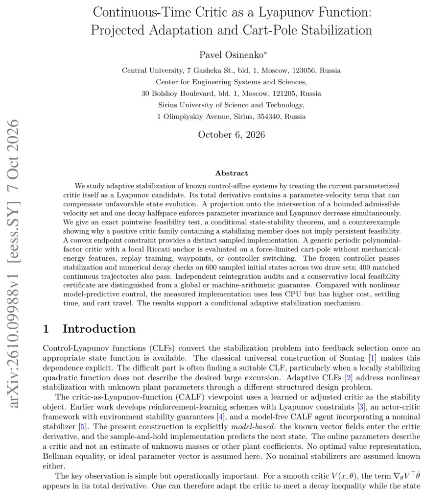 Continuous-Time Critic as a Lyapunov Function: Projected Adaptation and Cart-Pole Stabilization Figure 1