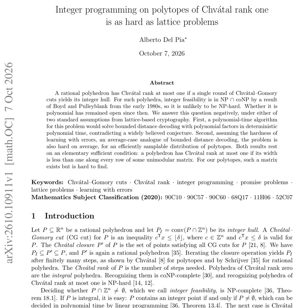 Integer programming on polytopes of Chvátal rank one is as hard as lattice problems Figure 1