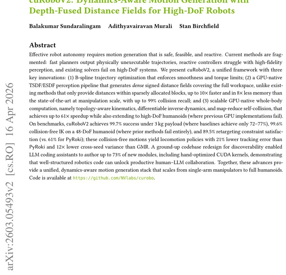 cuRoboV2: Dynamics-Aware Motion Generation with Depth-Fused Distance Fields for High-DoF Robots Figure 1