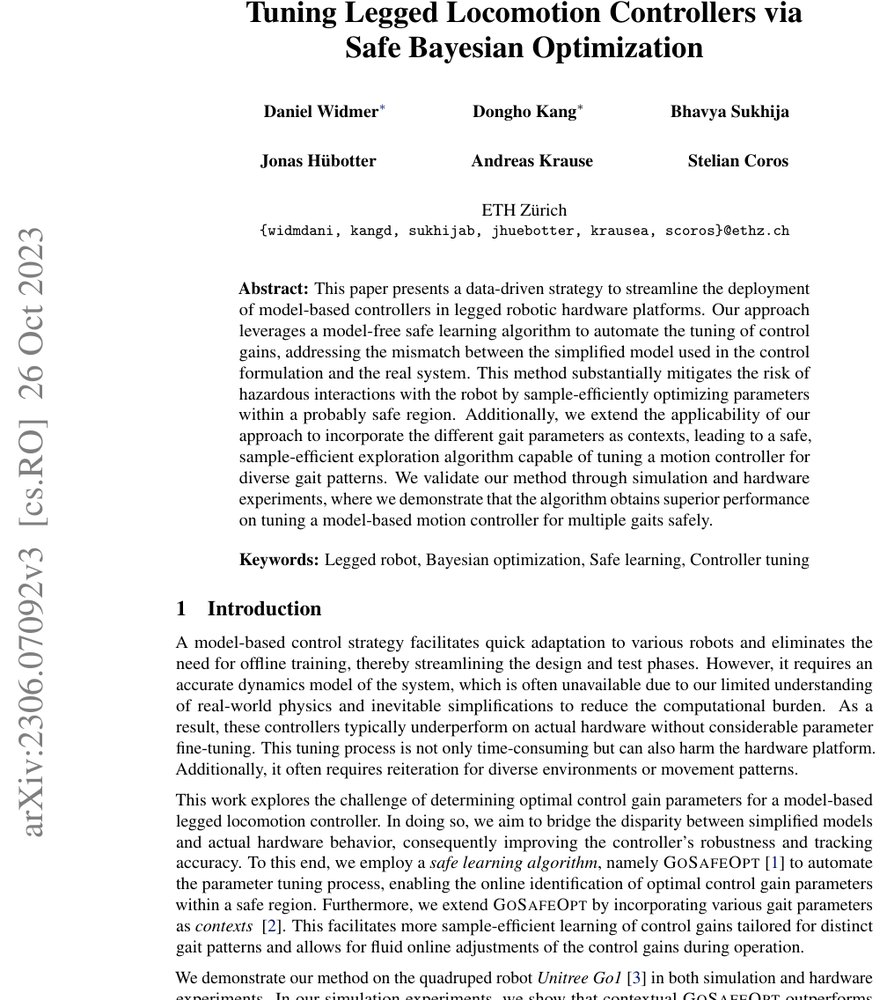 Tuning Legged Locomotion Controllers via Safe Bayesian Optimization Figure 1