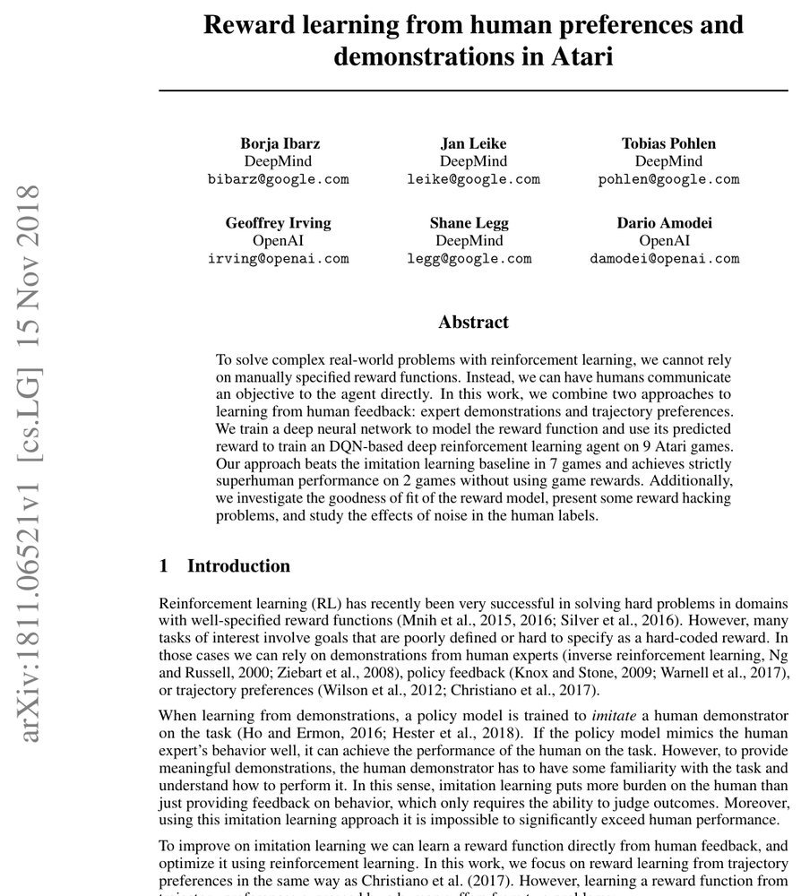 Reward learning from human preferences and demonstrations in Atari Figure 1