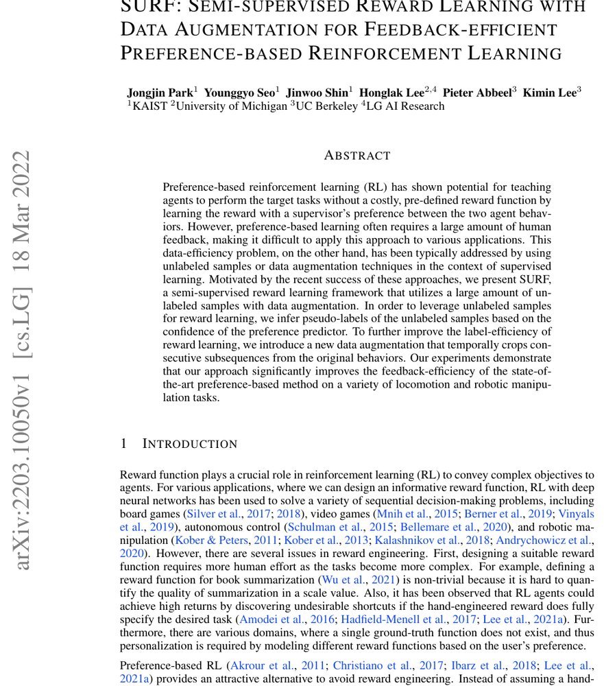 SURF: Semi-supervised Reward Learning with Data Augmentation for Feedback-efficient Preference-based Reinforcement Learning Figure 1