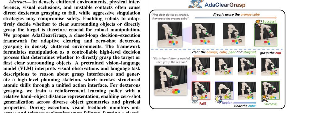 AdaClearGrasp: Learning Adaptive Clearing for Zero-Shot Robust Dexterous Grasping in Densely Cluttered Environments figure