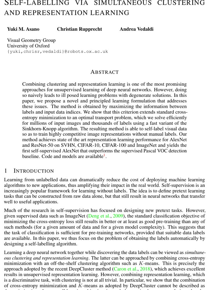 Self-labelling via simultaneous clustering and representation learning Figure 1