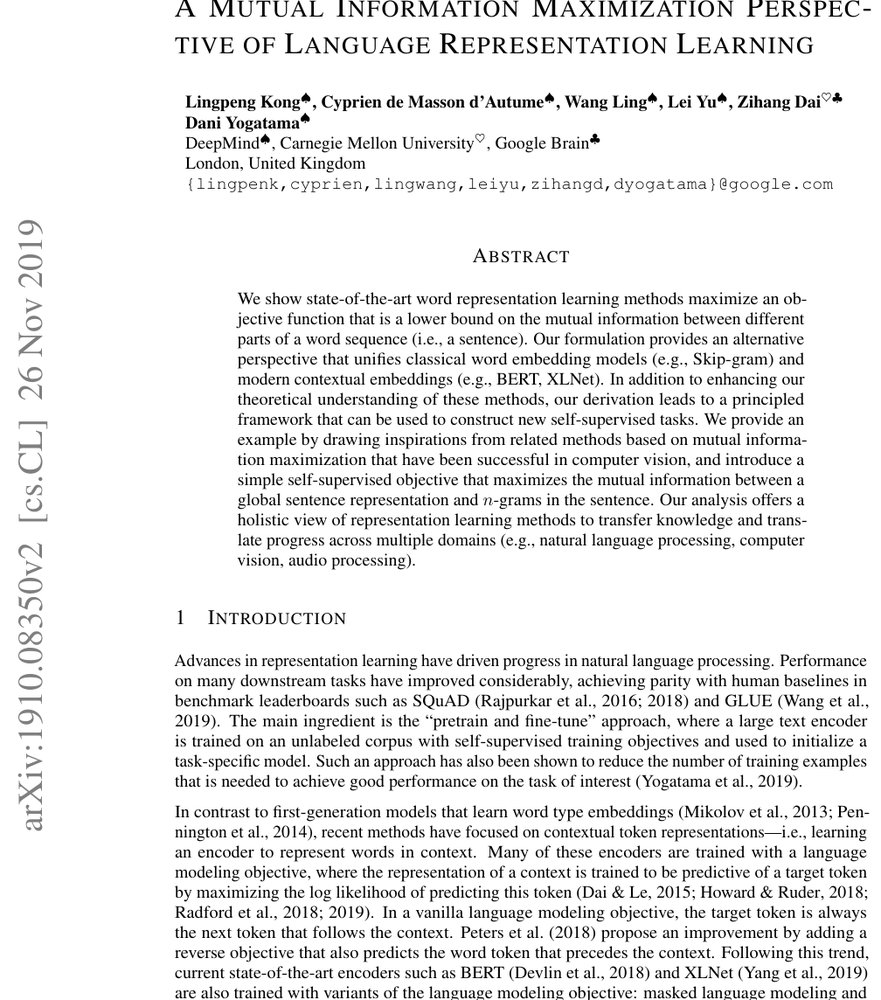 A Mutual Information Maximization Perspective of Language Representation Learning Figure 1