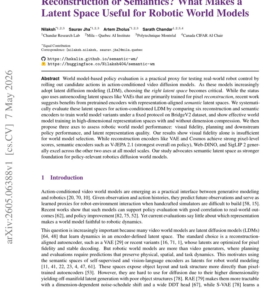 Reconstruction or Semantics? What Makes a Latent Space Useful for Robotic World Models Figure 1
