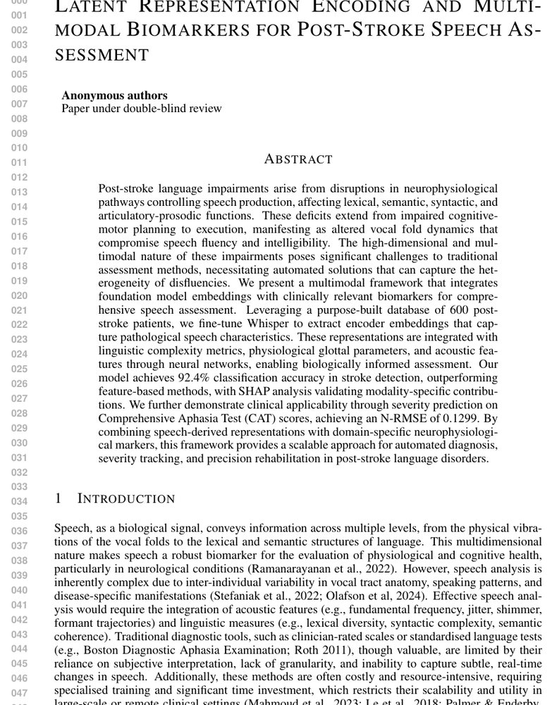 Latent Representation Encoding and Multimodal Biomarkers for Post-Stroke Speech Assessment Figure 1
