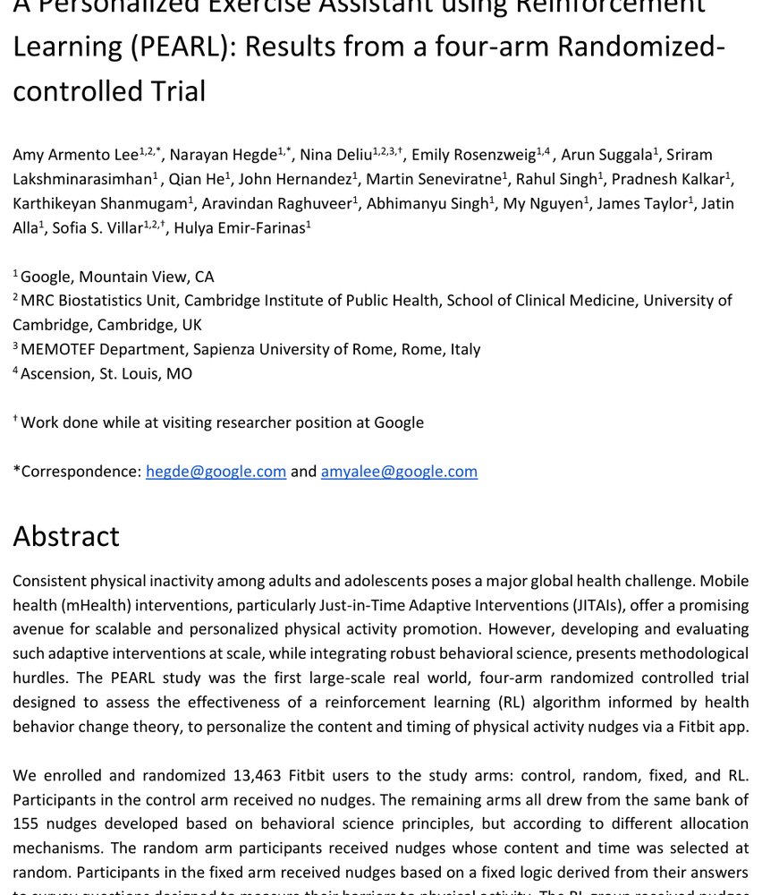 A Personalized Exercise Assistant using Reinforcement Learning (PEARL): Results from a four-arm Randomized-controlled Trial Figure 1