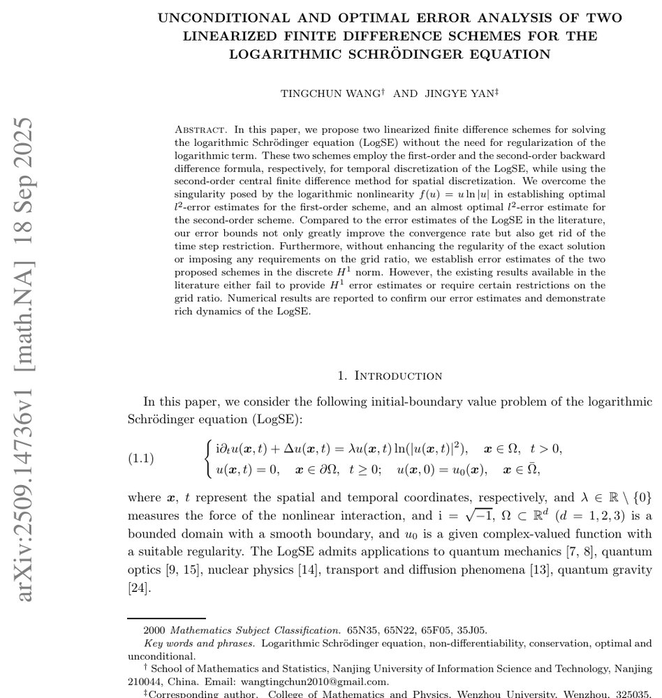Unconditional and optimal error analysis of two linearized finite difference schemes for the logarithmic Schrödinger equation Figure 1