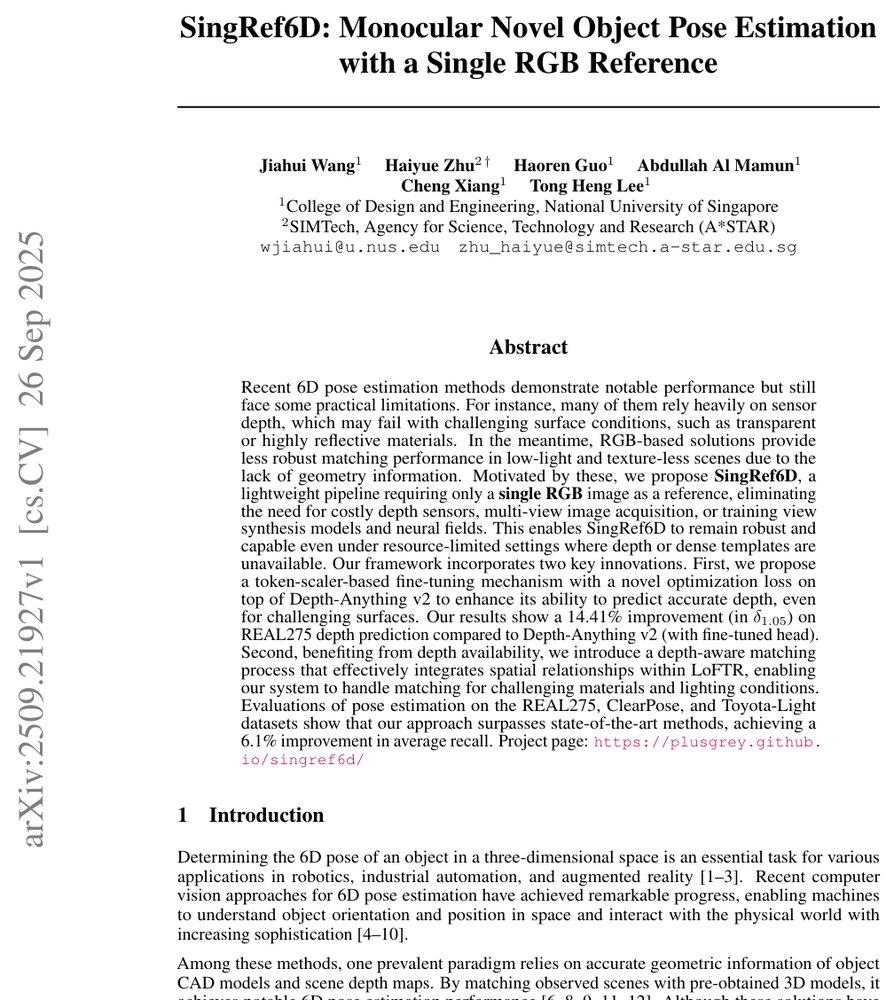 SingRef6D: Monocular Novel Object Pose Estimation with a Single RGB Reference Figure 1