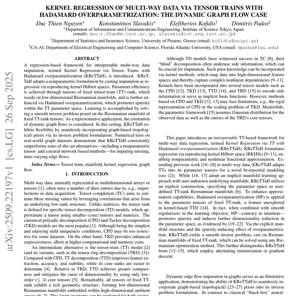 Kernel Regression of Multi-Way Data via Tensor Trains with Hadamard Overparametrization: The Dynamic Graph Flow Case Figure 1