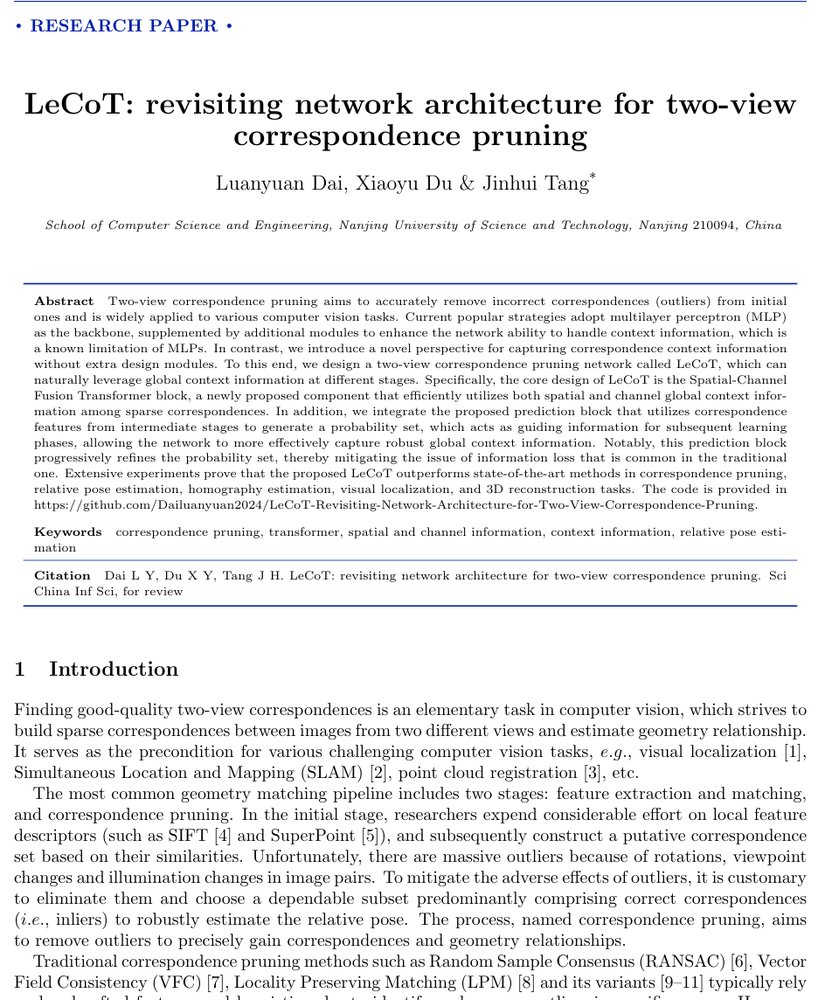 LeCoT: revisiting network architecture for two-view correspondence pruning Figure 1