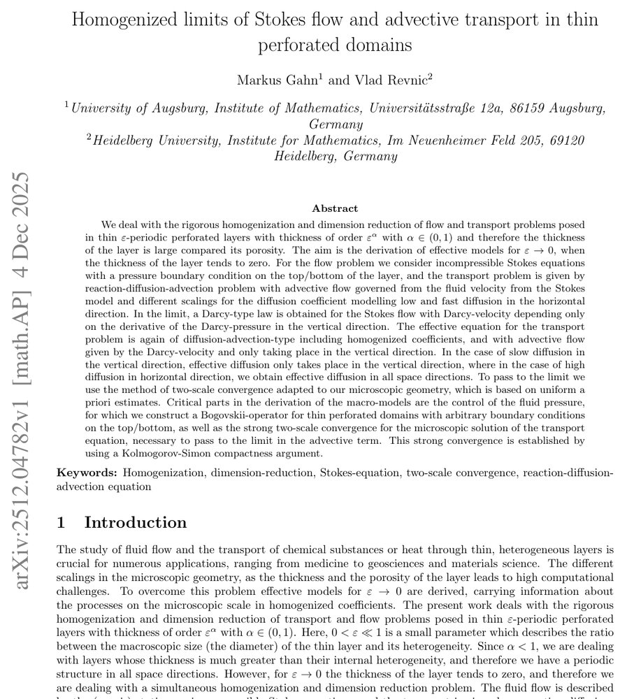 Homogenized limits of Stokes flow and advective transport in thin perforated domains Figure 1