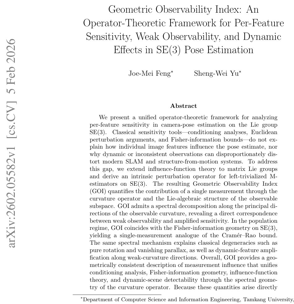 Geometric Observability Index: An Operator-Theoretic Framework for Per-Feature Sensitivity, Weak Observability, and Dynamic Effects in SE(3) Pose Estimation Figure 1