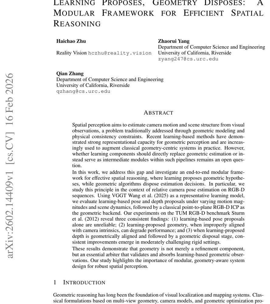 Learning Proposes, Geometry Disposes: A Modular Framework for Efficient Spatial Reasoning Figure 1