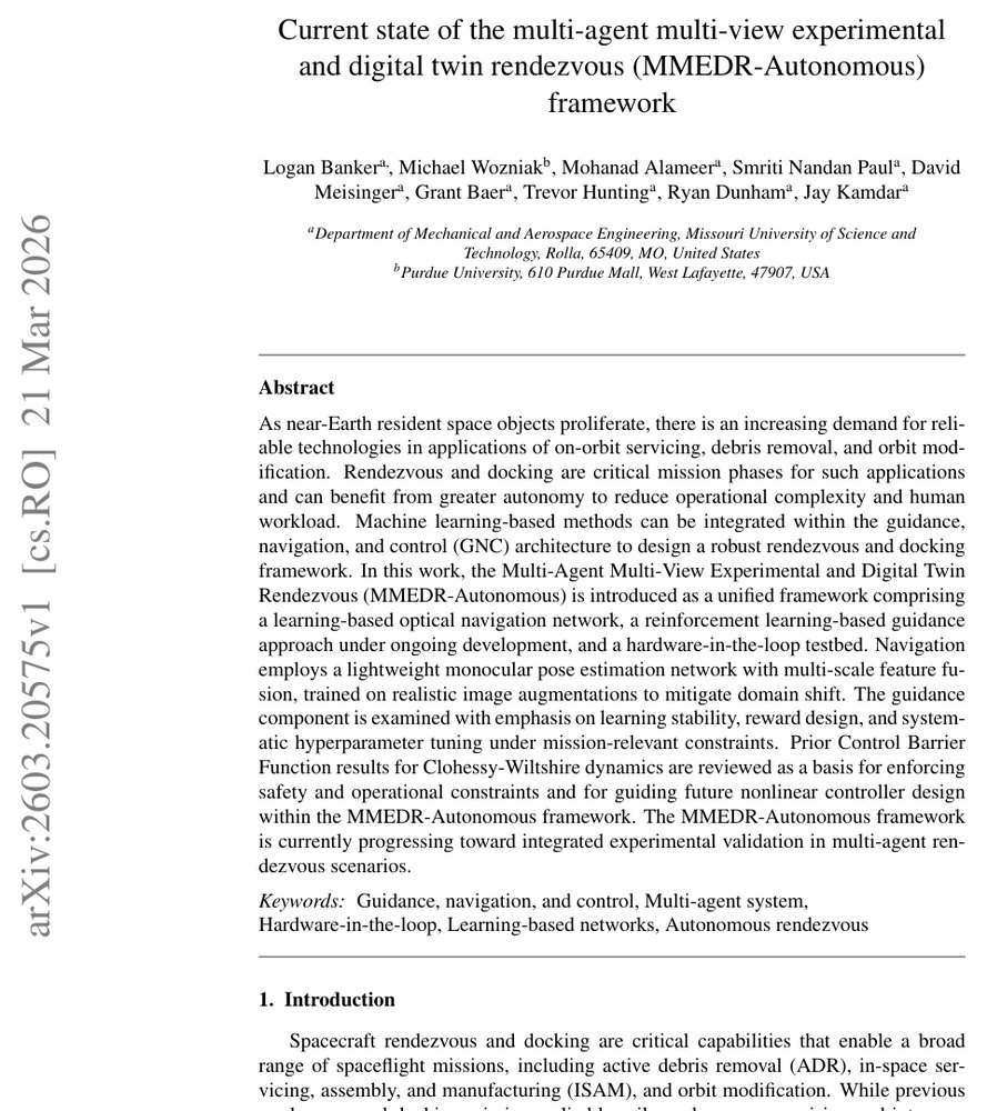 Current state of the multi-agent multi-view experimental and digital twin rendezvous (MMEDR-Autonomous) framework Figure 1