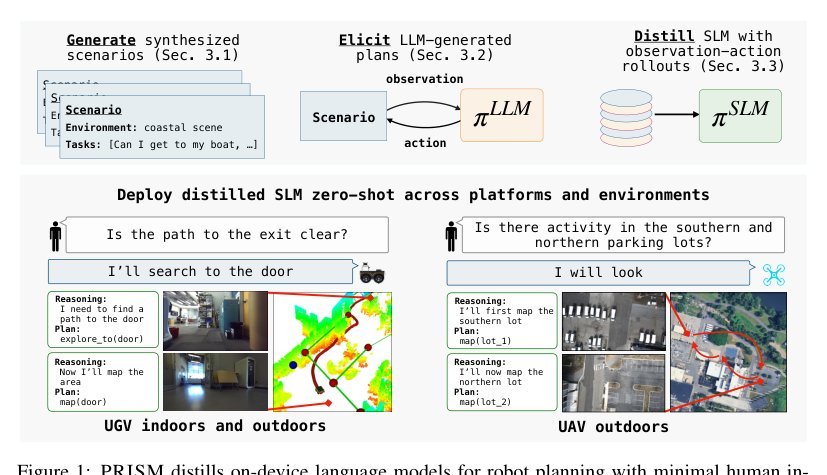 Distilling On-device Language Models for Robot Planning with Minimal Human Intervention