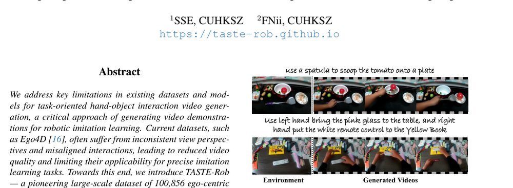 TASTE-Rob: Advancing Video Generation of Task-Oriented Hand-Object Interaction for Generalizable Robotic Manipulation figure